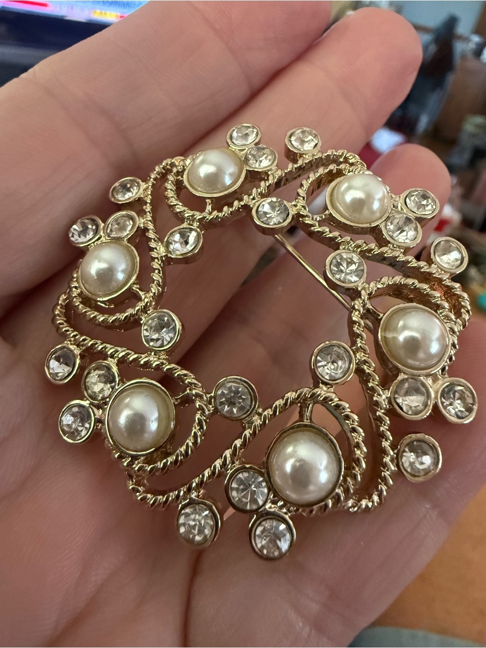 Anne Klein Gold-Tone Faux Pearl & Crystal Wreath Brooch Pin
